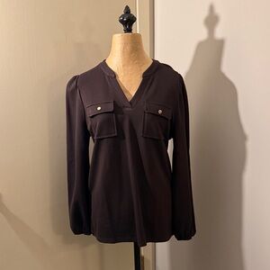Anne Klein Brown  half button up V-Neck 
Blouse gold buttons